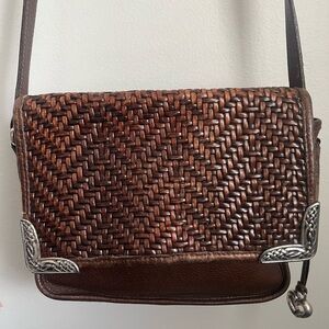 Brighton Vintage Braided Leather Crossbody Bag Purse Silver Accents Flap Closure